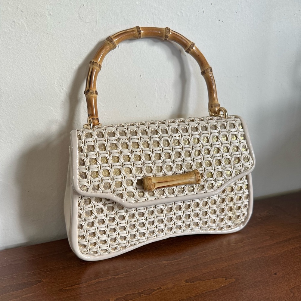 Tommy Bahama White/Natural Woven Bamboo Crossbody Handbag YG81445